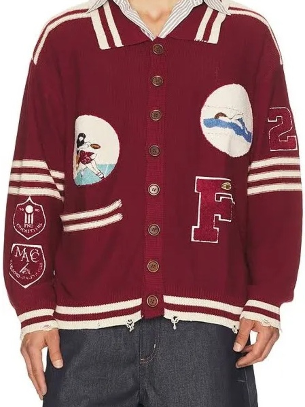 Found Varsity Patch Collared Men’s Cardigan in Red